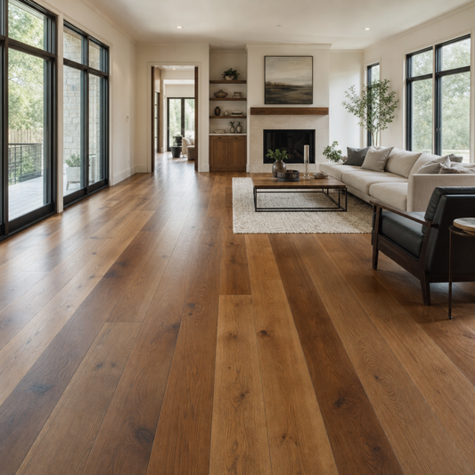 Modern GTA living room featuring wide plank hardwood flooring with natural wood grain and bright natural light