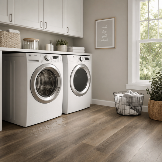 Clean modern laundry room interior with bright natural light from a nearby window, featuring installed waterproof vinyl plank flooring with realistic wood grain
