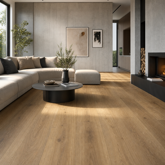 Modern living room with warm oak SPC vinyl plank flooring and minimalist interior design