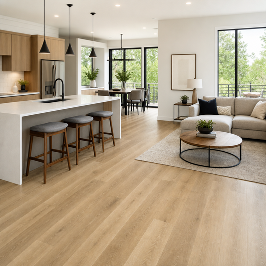 Modern open-concept GTA living space with SPC vinyl flooring in natural oak tone, move-in ready condition