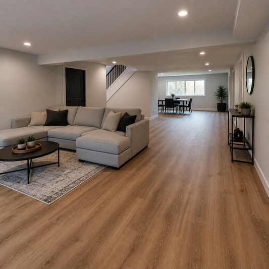 Finished basement interior featuring warm-toned luxury vinyl plank flooring with wood-grain texture in a GTA home