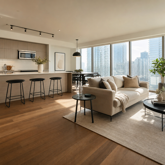 A polished small Toronto condo interior featuring premium engineered hardwood flooring in a modern open-concept living space, natural light streaming through la