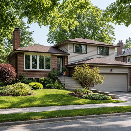 A split-level home exterior in a Toronto suburb with tiered rooflines and staggered entry typical of 1960s-1980s Canadian architecture