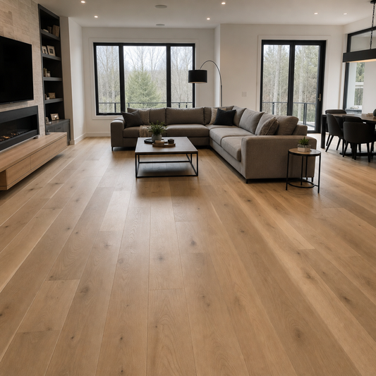 A beautifully finished modern living room in a Canadian GTA home featuring wide-plank light oak engineered hardwood flooring with a natural matte finish. The sp