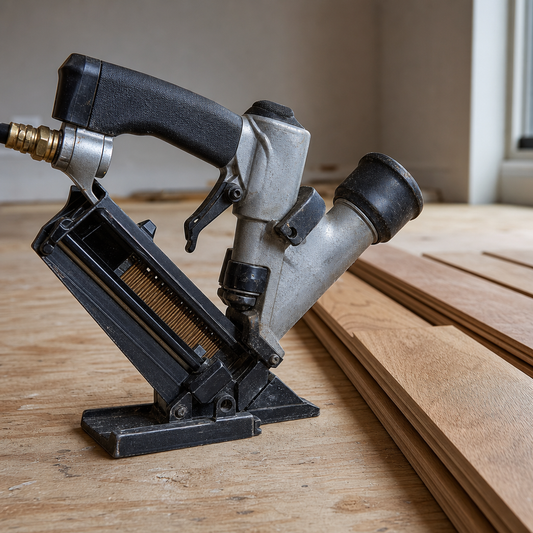 Detailed close-up of a pneumatic cleat nailer resting on a wooden subfloor beside unfinished hardwood planks. Visible cleat magazine and mallet-style striking h