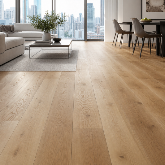 A bright, contemporary Toronto condo living room featuring elegant engineered hardwood flooring in a warm oak tone. The space has large floor-to-ceiling windows