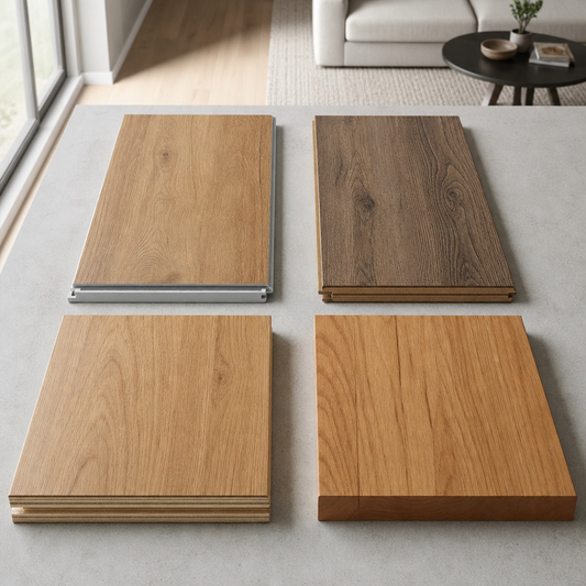 A clean, modern ecommerce editorial flatlay showing four premium flooring samples arranged for comparison: SPC luxury vinyl plank in warm oak tone, durable lami