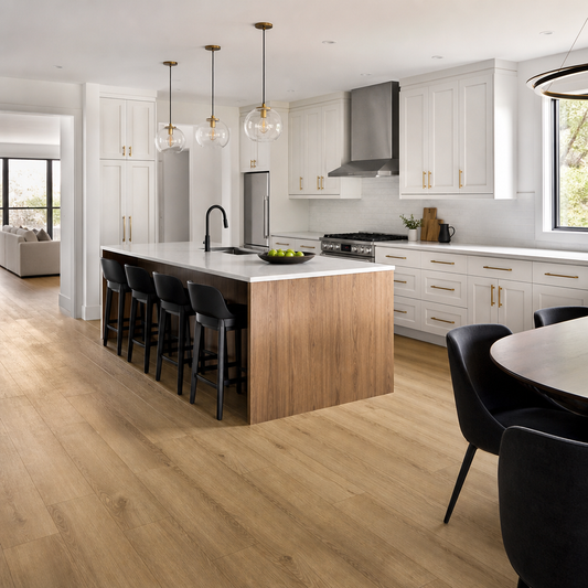 Modern Toronto kitchen interior with waterproof vinyl plank flooring in warm oak tone and natural lighting