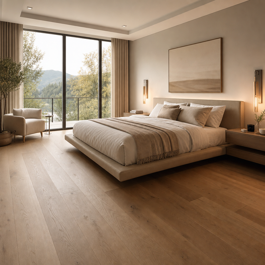 A contemporary bedroom featuring warm oak engineered hardwood flooring with natural light and modern furnishings