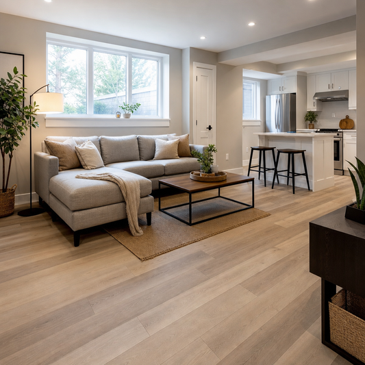 SPC luxury vinyl plank flooring installed in a modern finished basement apartment in the GTA
