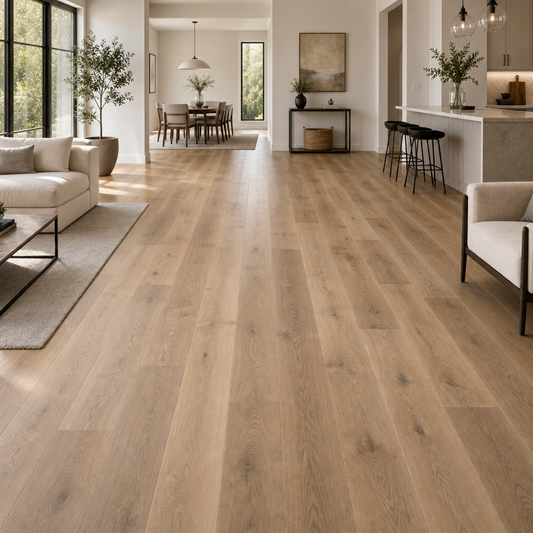 Modern residential living room featuring warm greige and honey oak flooring with matte finish in a Toronto home