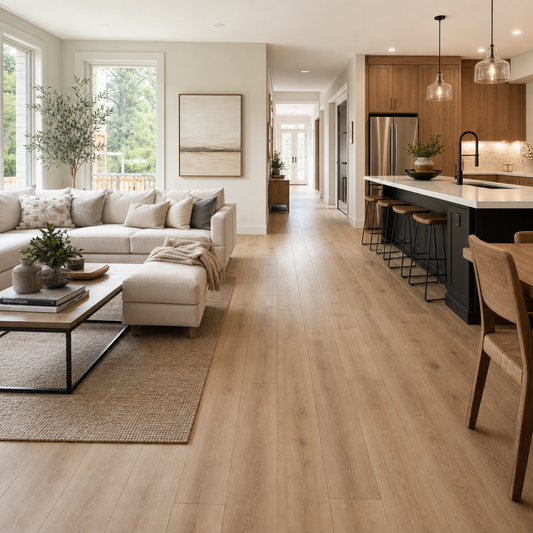 A clean ecommerce editorial photograph of a finished open-concept GTA home interior after whole-home flooring installation, showing modern vinyl plank flooring