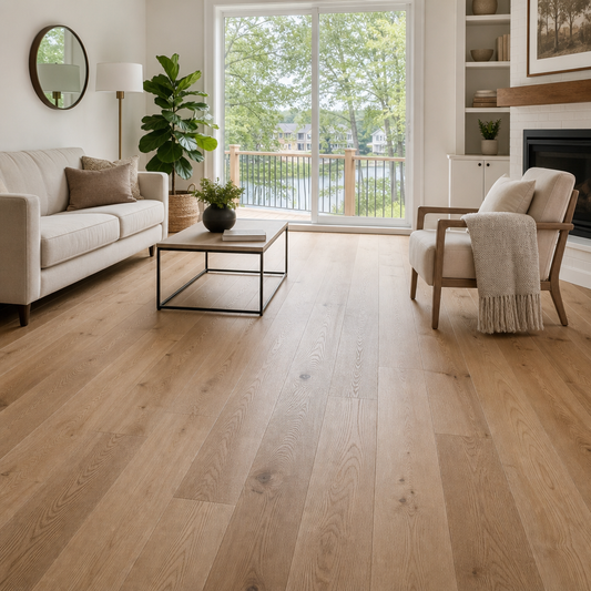 A beautifully installed solid hardwood floor in a warm, sunlit Canadian residential living room. Natural light streams through nearby windows, illuminating real