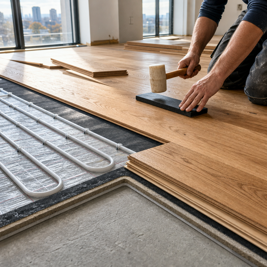 Clean editorial ecommerce photography of engineered hardwood flooring planks being installed over a wooden subfloor in a modern GTA residential interior. Visibl