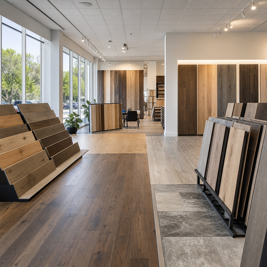Spacious flooring showroom displaying hardwood, engineered wood, and vinyl plank samples with warm lighting and organized displays