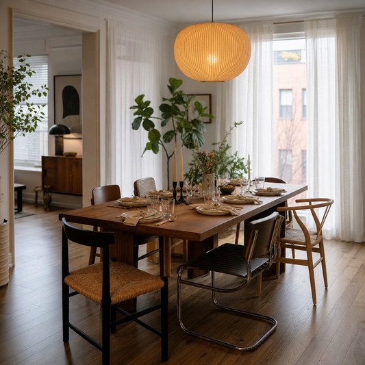 Elegant modern Toronto dining room featuring warm-toned engineered hardwood flooring with natural wood grain and sophisticated decor