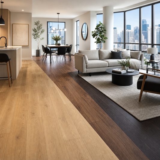 Modern Toronto living room showcasing three German laminate flooring options in oak, walnut, and espresso tones