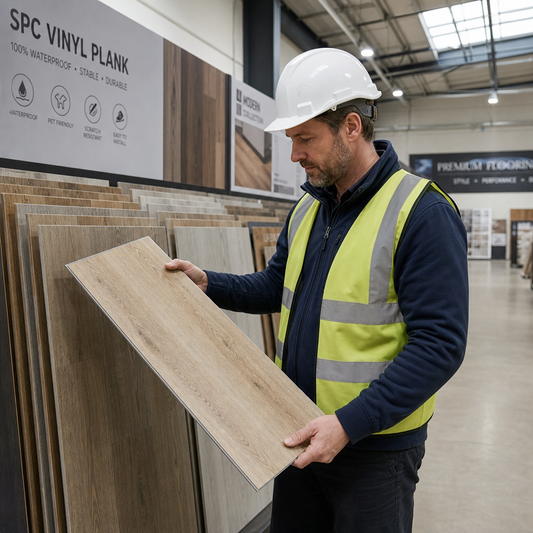 GTA contractor examining SPC vinyl plank flooring samples at Top Floorings Depot warehouse showroom