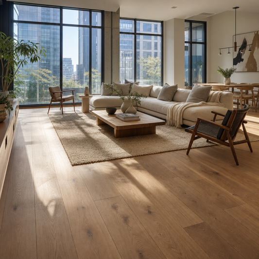 Photorealistic editorial photograph of a modern Toronto residential living room with wide plank engineered hardwood flooring in warm European Oak tones, natural