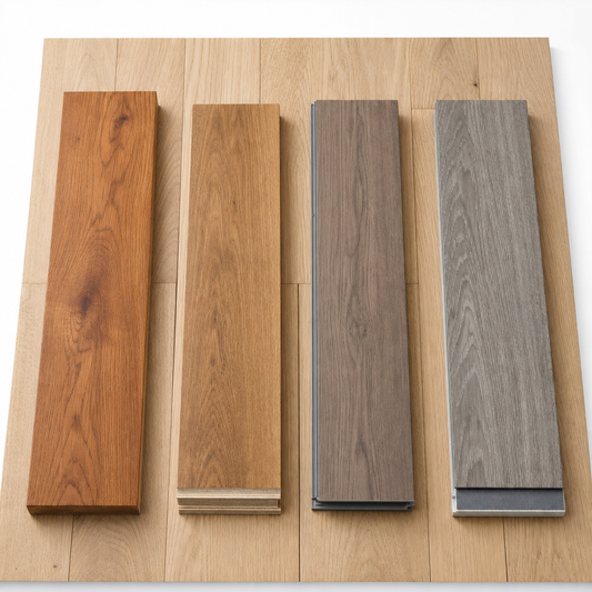 Overhead flat-lay photograph of four distinct hardwood flooring planks laid side by side on a light oak hardwood subfloor, each representing a different floorin