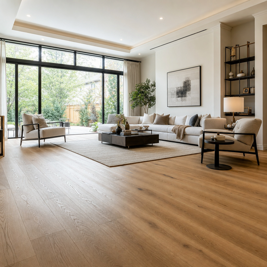 Wide-plank engineered hardwood flooring in a warm oak tone installed in a GTA living room with natural daylight