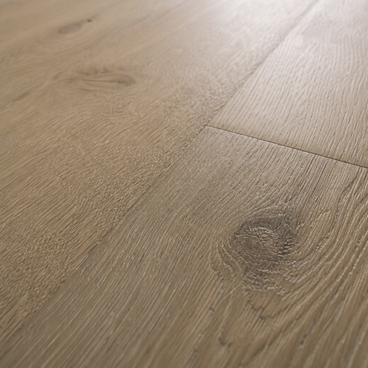 Extreme close-up macro detail of wire-brushed European Oak engineered hardwood flooring showing dense grain patterns, character grade natural knots and texture
