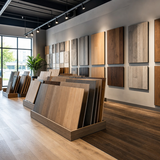 Modern flooring showroom displaying hardwood, vinyl, and laminate samples on wooden display stands
