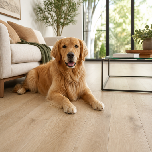 Modern living room with SPC vinyl flooring and a golden retriever relaxing on the floor