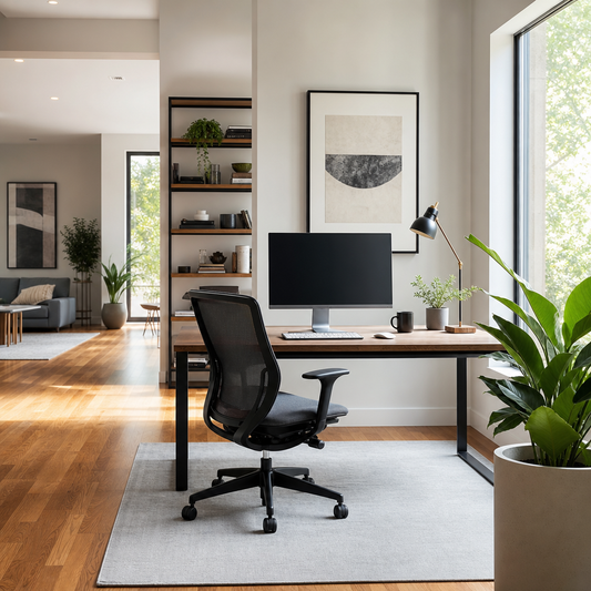 Modern home office interior with natural light from a large window, clean minimalist desk setup with ergonomic chair, polished hardwood flooring throughout, ope