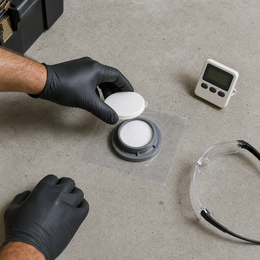 Contractor performing calcium chloride moisture test on bare concrete basement slab