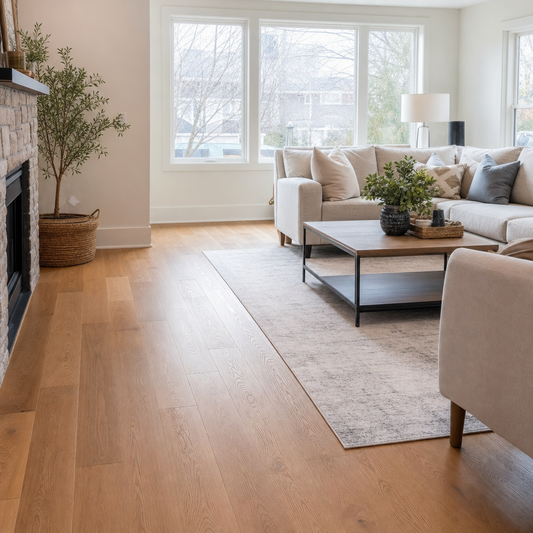 Professional interior photograph of a bright, move-in ready GTA living room with quality engineered hardwood flooring installed. Natural daylight streaming thro