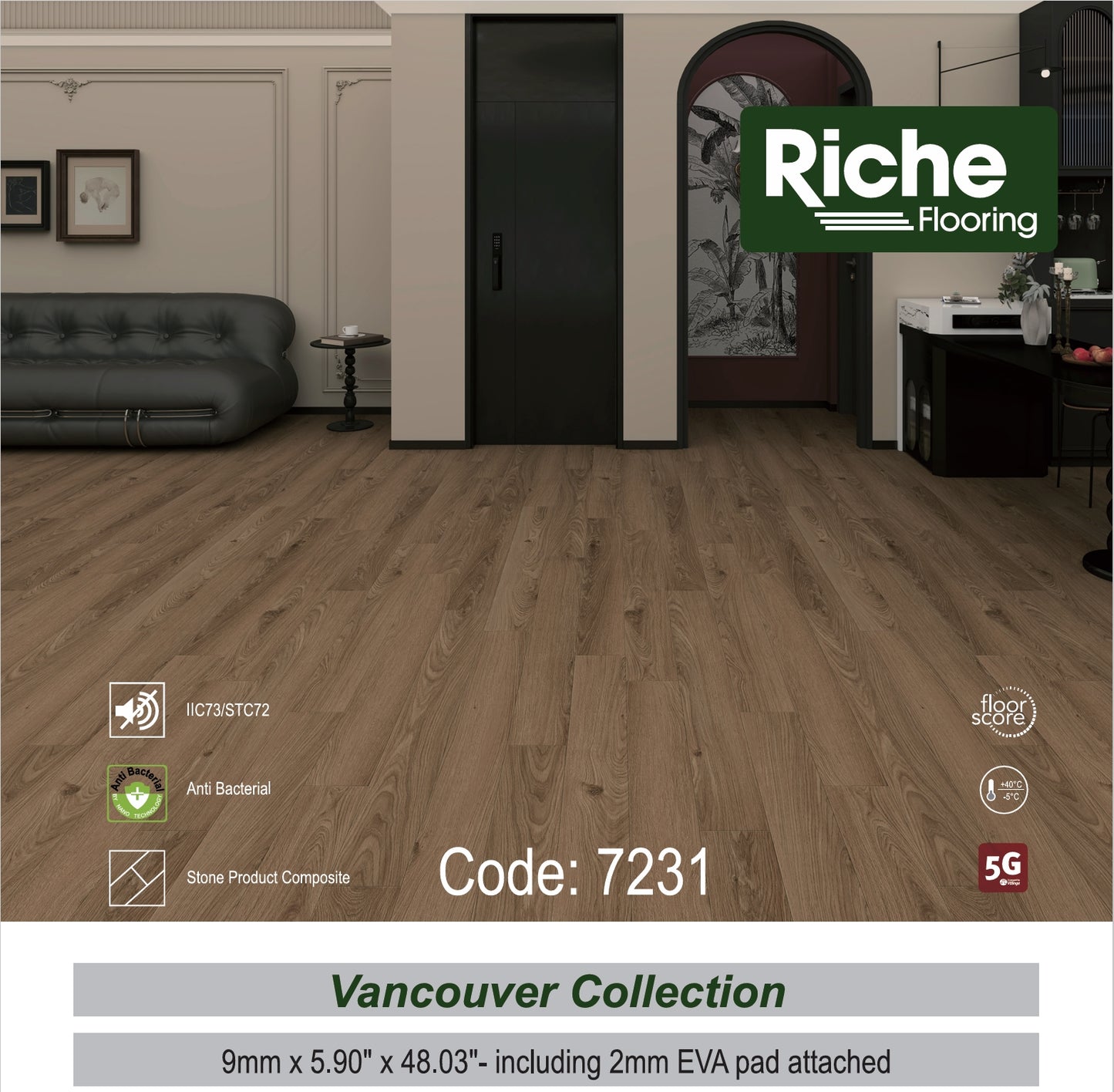Riche Flooring 9mm SPC Vinyl Flooring – Seawall Brown (12mil Wear Layer) – Main View