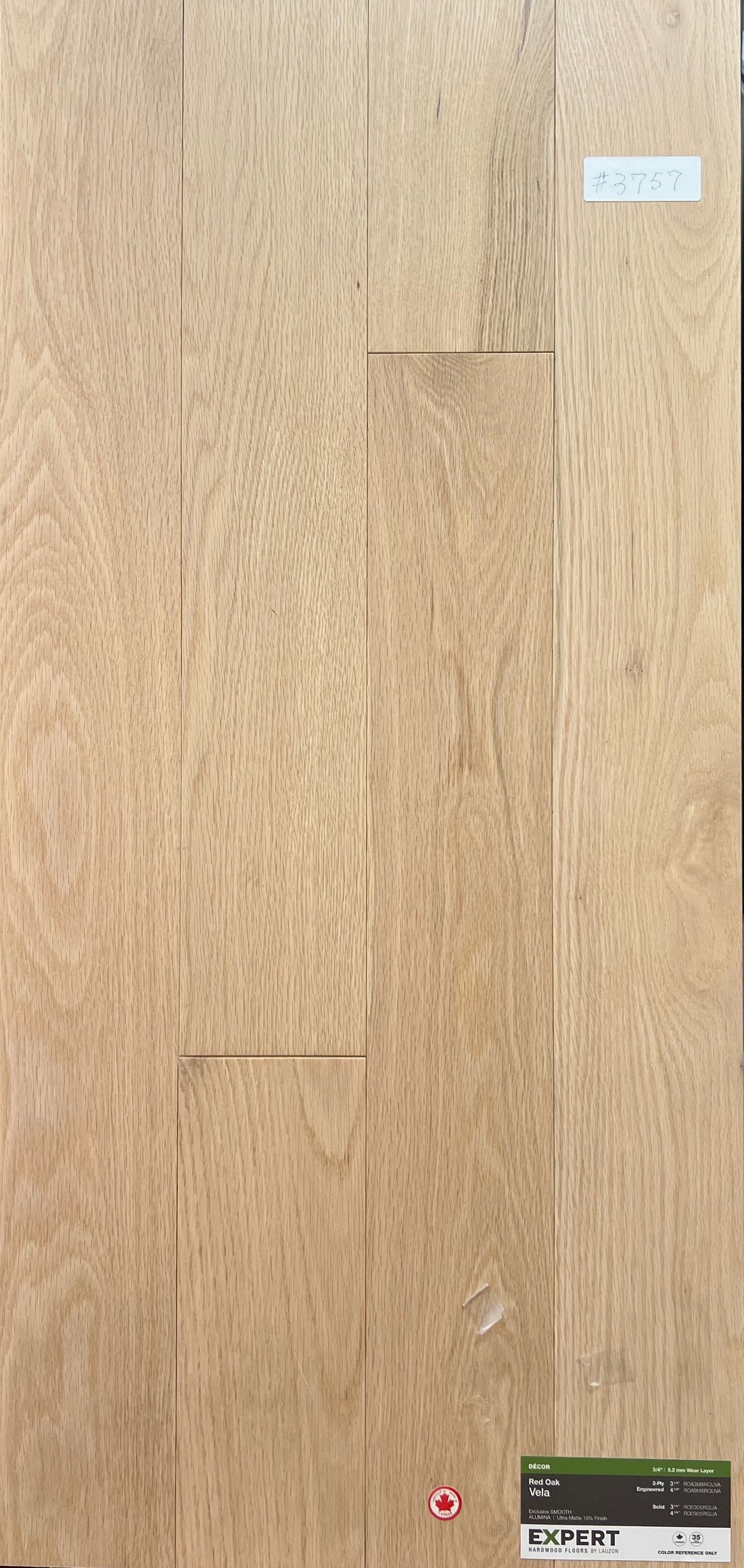 Lauzon Exclusive Red Oak Vela solid hardwood sample board in a warm medium oak stain