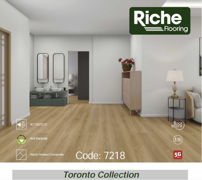 Riche Golden Harvest Oak SPC vinyl plank flooring shown as a light honey oak-look floor in a rendered room
