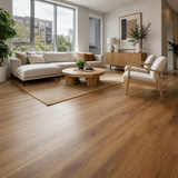 Modern Toronto living room featuring warm oak laminate wood flooring with realistic grain texture