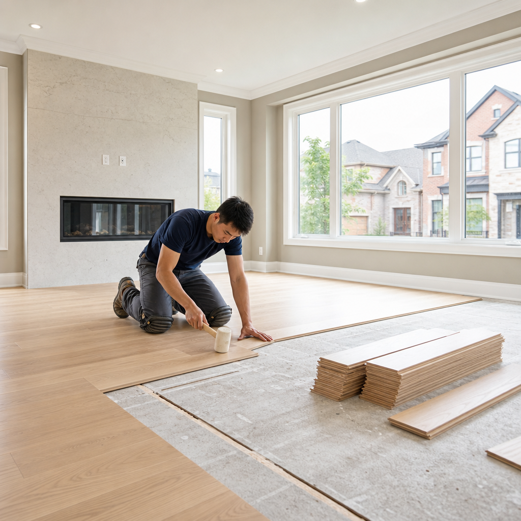 Professional flooring installer kneeling on a hardwood floor during installation in a GTA residential living room