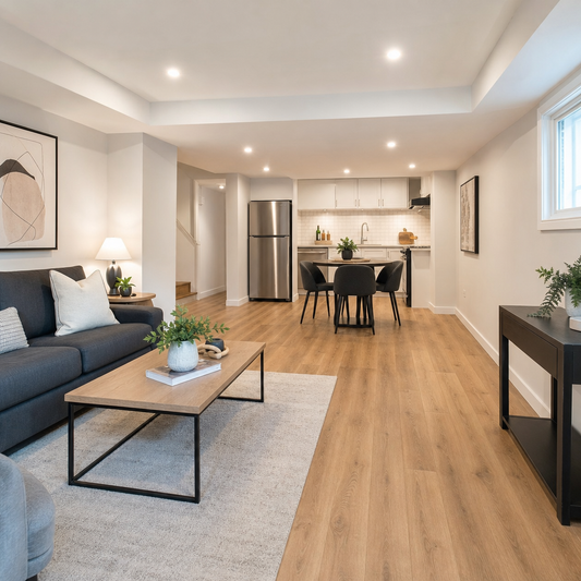 Modern basement apartment interior with luxury vinyl plank flooring in warm oak finish