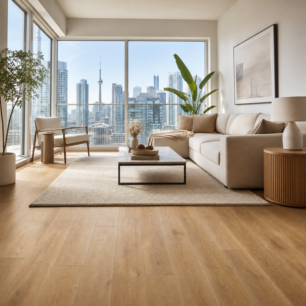A bright, modern Toronto condo living room featuring elegant SPC vinyl plank flooring in a warm oak tone. Natural light streams through large windows overlookin