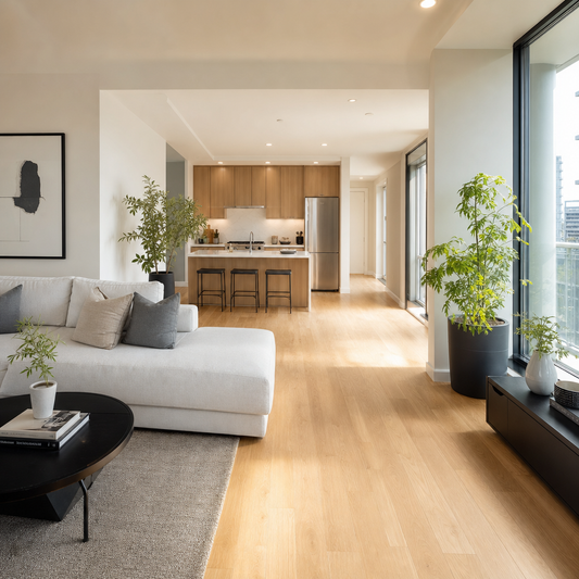 A bright, modern open-concept small condo living space with clean minimalist design, warm natural light from large windows illuminating a seamless light oak eng