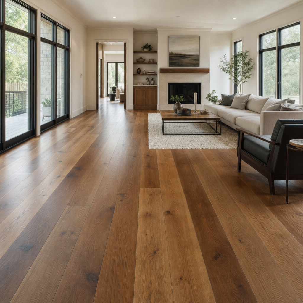 Modern GTA living room featuring wide plank hardwood flooring with natural wood grain and bright natural light