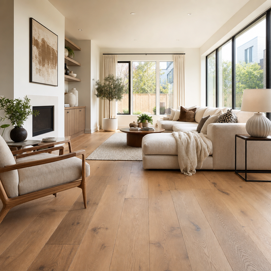 Modern Toronto living room interior with engineered hardwood flooring, contemporary furniture, and natural light