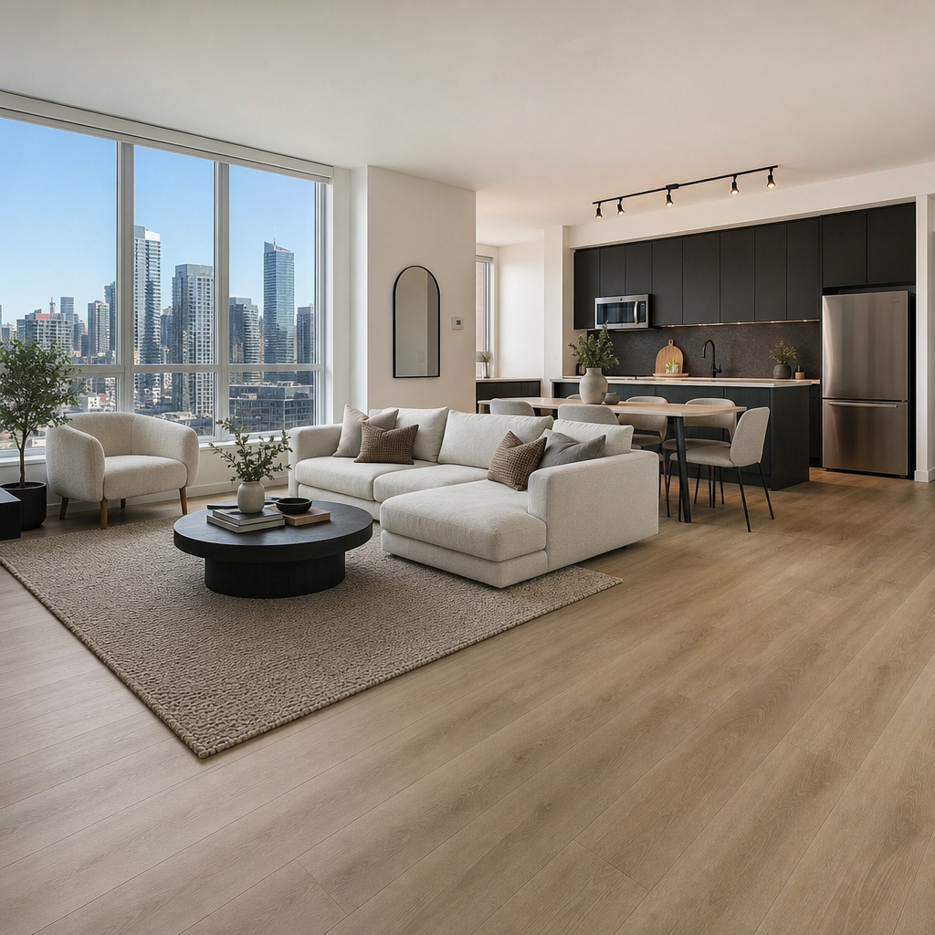 Modern open-concept rental property living room with realistic SPC vinyl plank flooring in warm wood-look finish