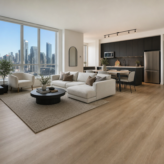 Modern open-concept rental property living room with realistic SPC vinyl plank flooring in warm wood-look finish