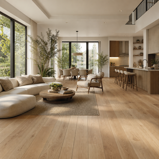 Open-concept living room featuring warm natural engineered hardwood flooring with large windows and biophilic elements