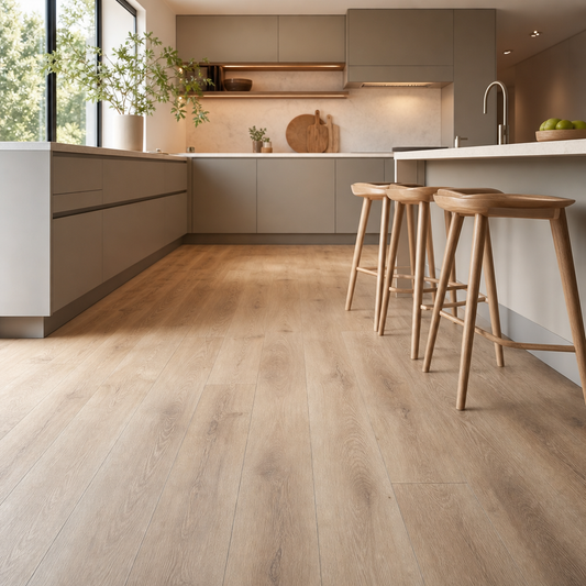 A bright, contemporary kitchen interior in a Canadian home with large windows showing natural light, clean modern cabinets in a neutral tone, a minimal countert