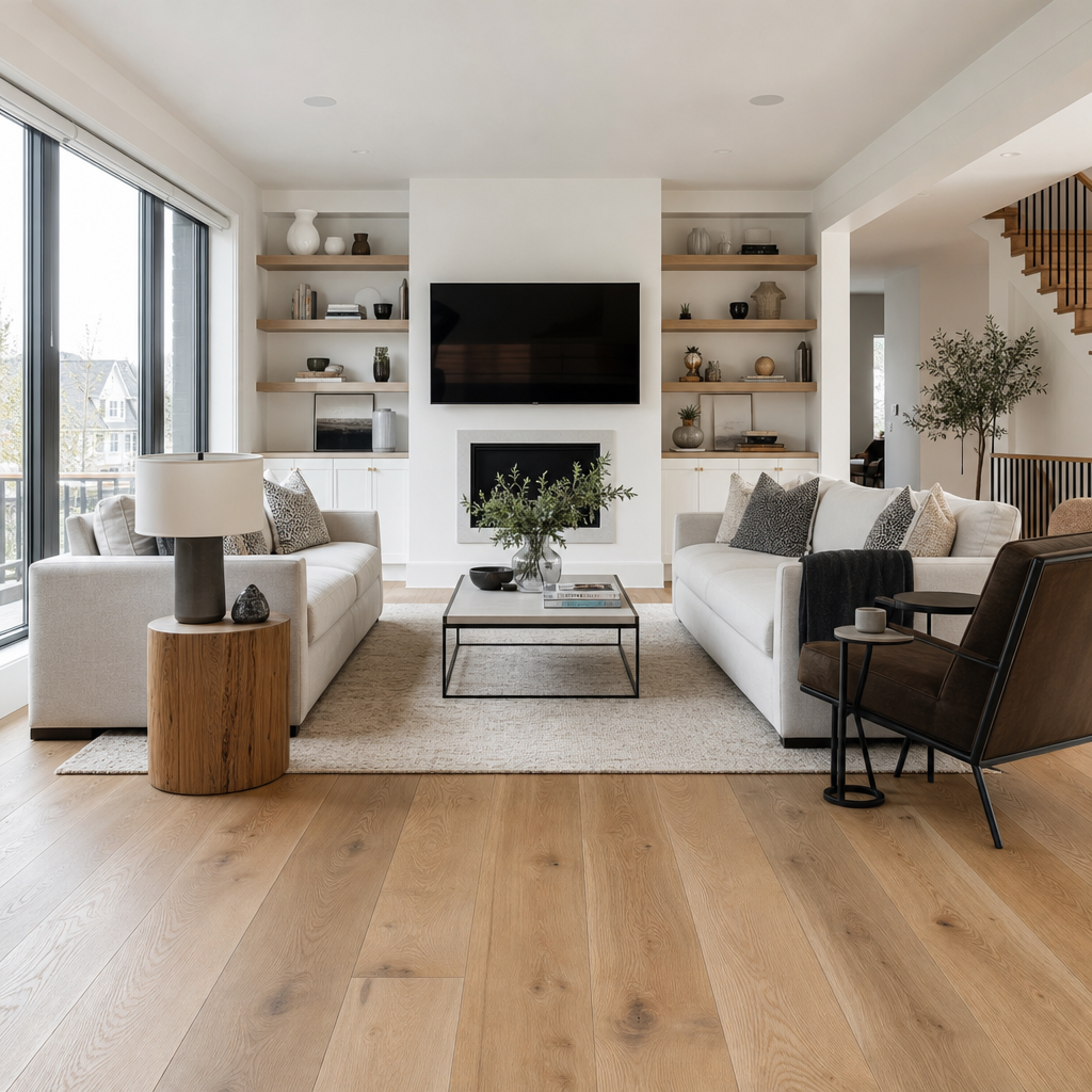A bright, airy living room in a contemporary Oakville home featuring beautiful wide-plank oak hardwood flooring, natural light streaming through large windows,