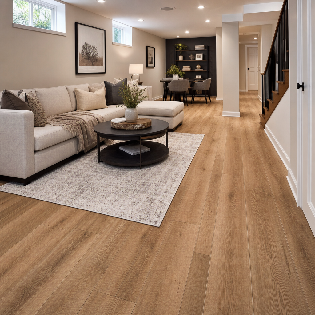 Modern basement with SPC vinyl plank flooring in warm oak tone featuring proper expansion gaps and area rug