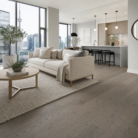 A bright, contemporary open-concept living room in a modern Toronto-area home, featuring wide-plank greige oak hardwood flooring with visible wood grain and sub