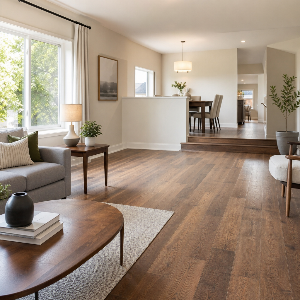 A bright, naturally lit side-split residential interior in a GTA home showing a beautifully finished living room with warm-toned engineered hardwood flooring in
