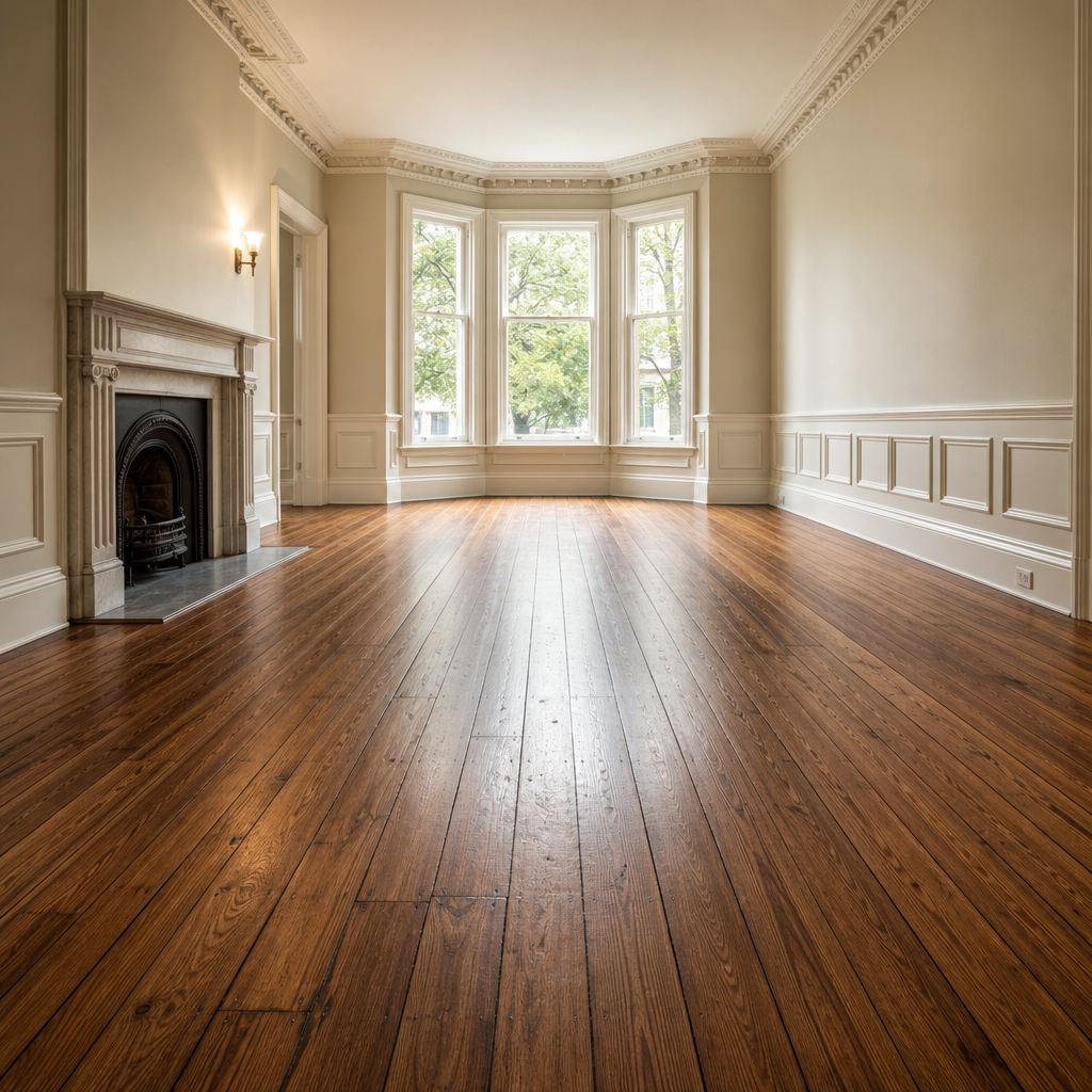 Heritage home flooring in a Victorian living room with warm hardwood floors and period details